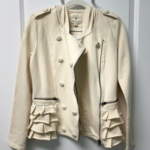 NWT Forever 21 Cream Zip Up Hoodie Jacket w/ Buttons & Side Ruffles Size Small